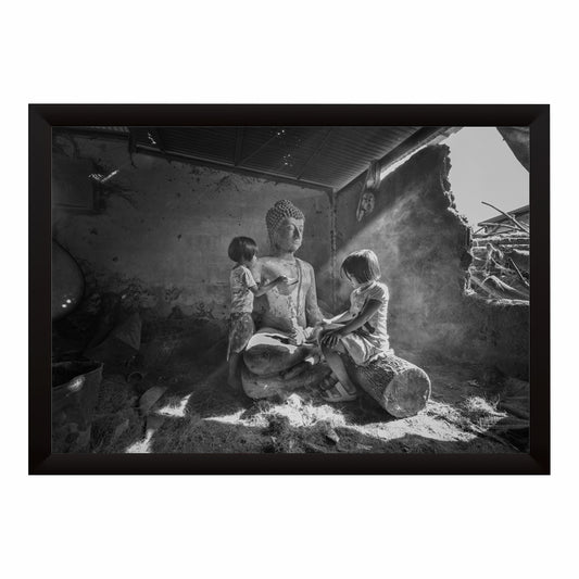 Rustic Buddha & Children Wall Art | Black & White Photography