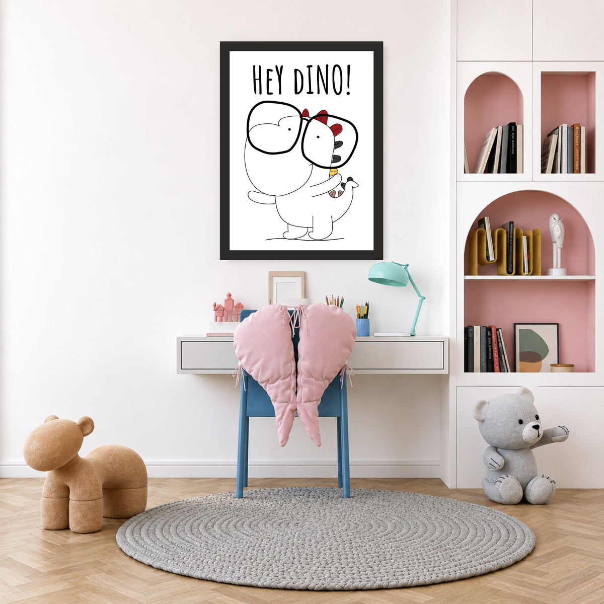 Cute Dinosaur Wall Art | Hey Dino Kids Nursery Poster | Cartoon Dinosaur Room Decor