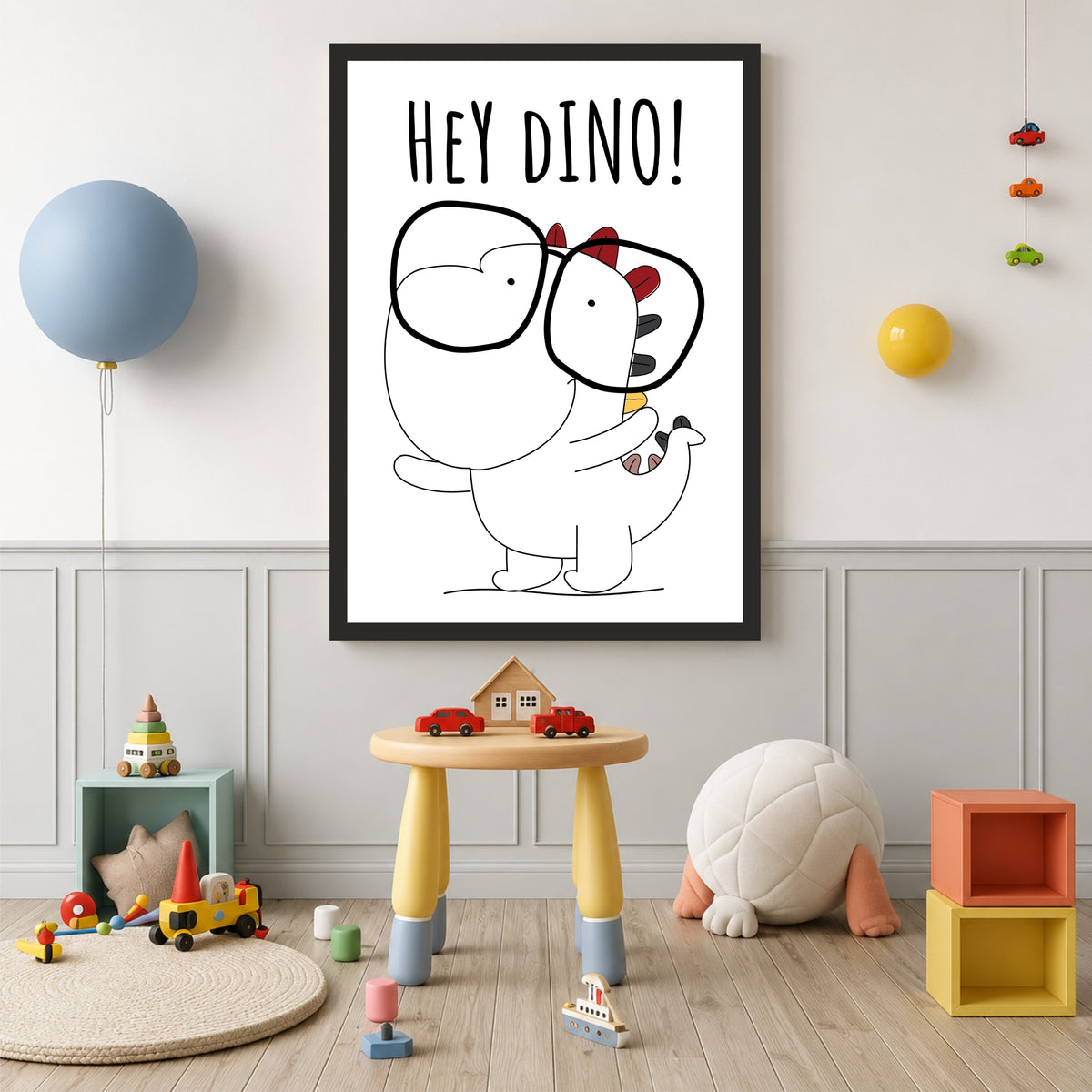 Cute Dinosaur Wall Art | Hey Dino Kids Nursery Poster | Cartoon Dinosaur Room Decor