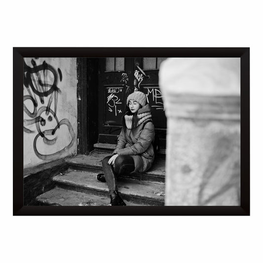 Urban Winter Girl Wall Art | Black & White Photography