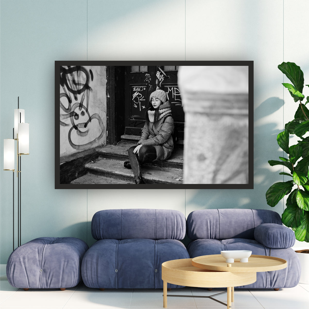 Urban Winter Girl Wall Art | Black & White Photography