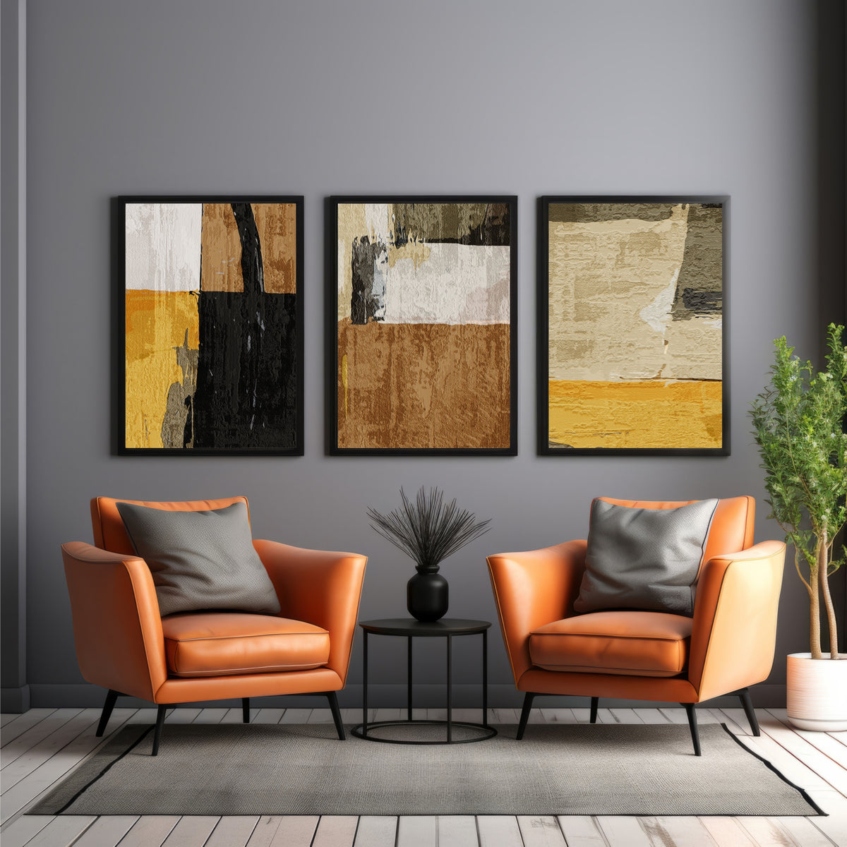 Modern Abstract Wall Art Set of 3 | Neutral Beige & Black Prints