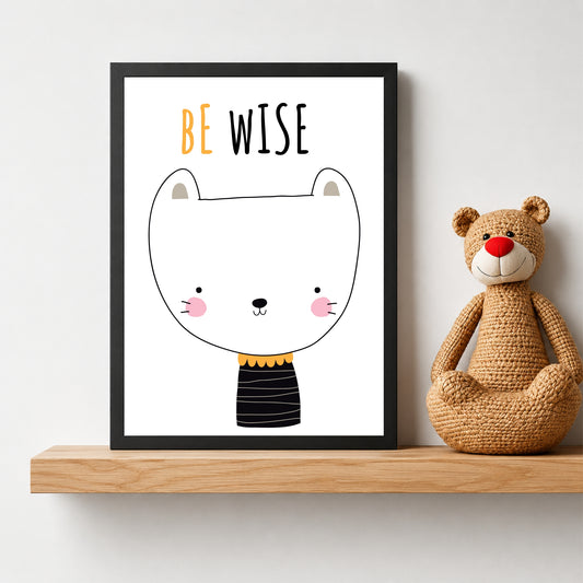 Cute Cat Wall Art | Be Wise Cat Kids Poster | Minimalist Nursery Room Decor