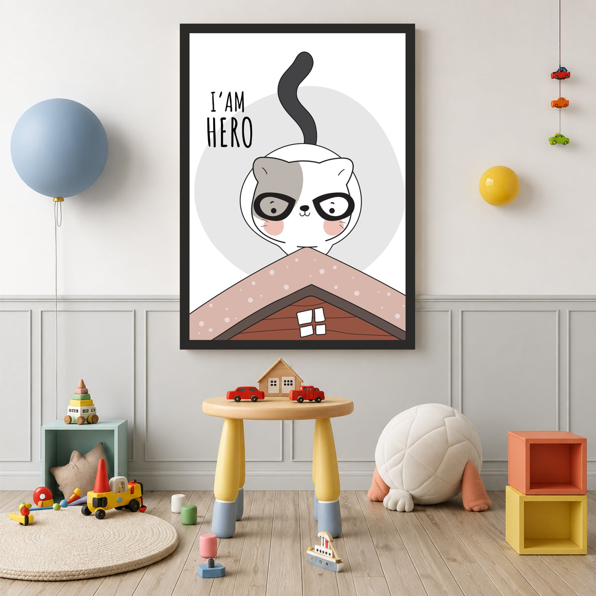 Cute Cat Wall Art | I’m Hero Cat Kids Poster | Minimalist Nursery Room Decor