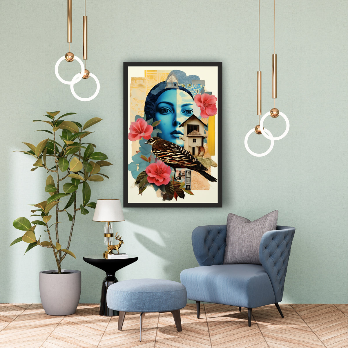 Bird & Floral Wall Art | Blue Portrait & Vintage Collage