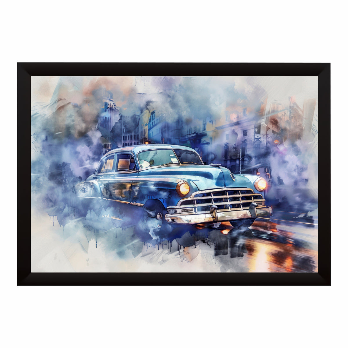 Vintage Classic Car Wall Art | Blue Retro Automobile Canvas | Watercolor Cityscape Illustration Poster