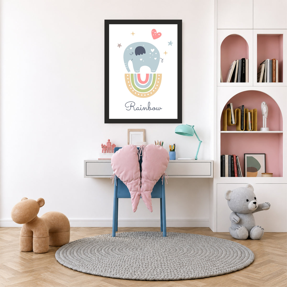 Cute Elephant Rainbow Wall Art | Minimalist Nursery Animal Print
