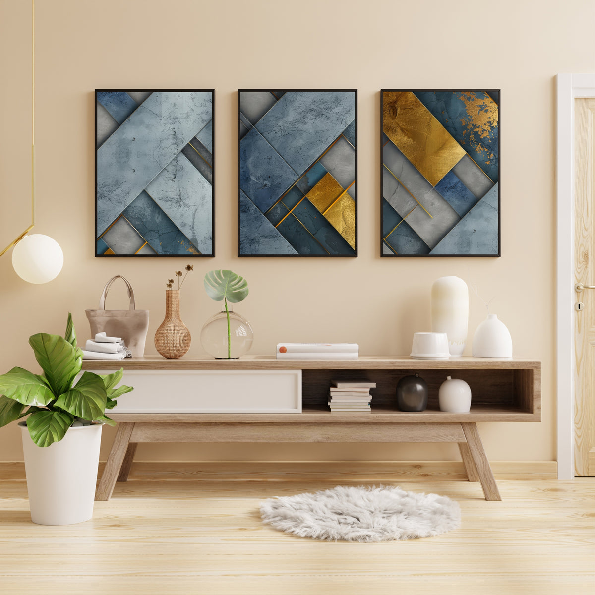 Luxury Blue & Gold Geometric Wall Art Set of 3 | Modern Abstract Textured Prints