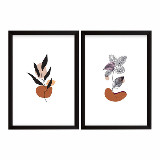 Abstract Botanical Wall Art Set of 2 | Minimalist Black Leaf & Line Art Prints | Mid Century Modern Boho Home Decor