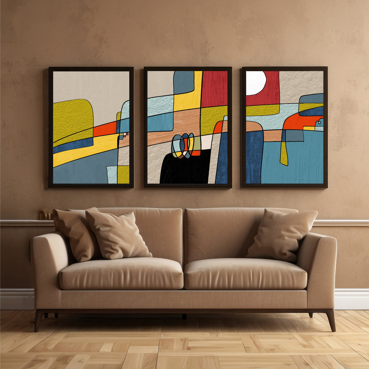 Modern Colorful Abstract Wall Art Set of 3 | Mid-Century Geometric Prints | Contemporary Home Decor