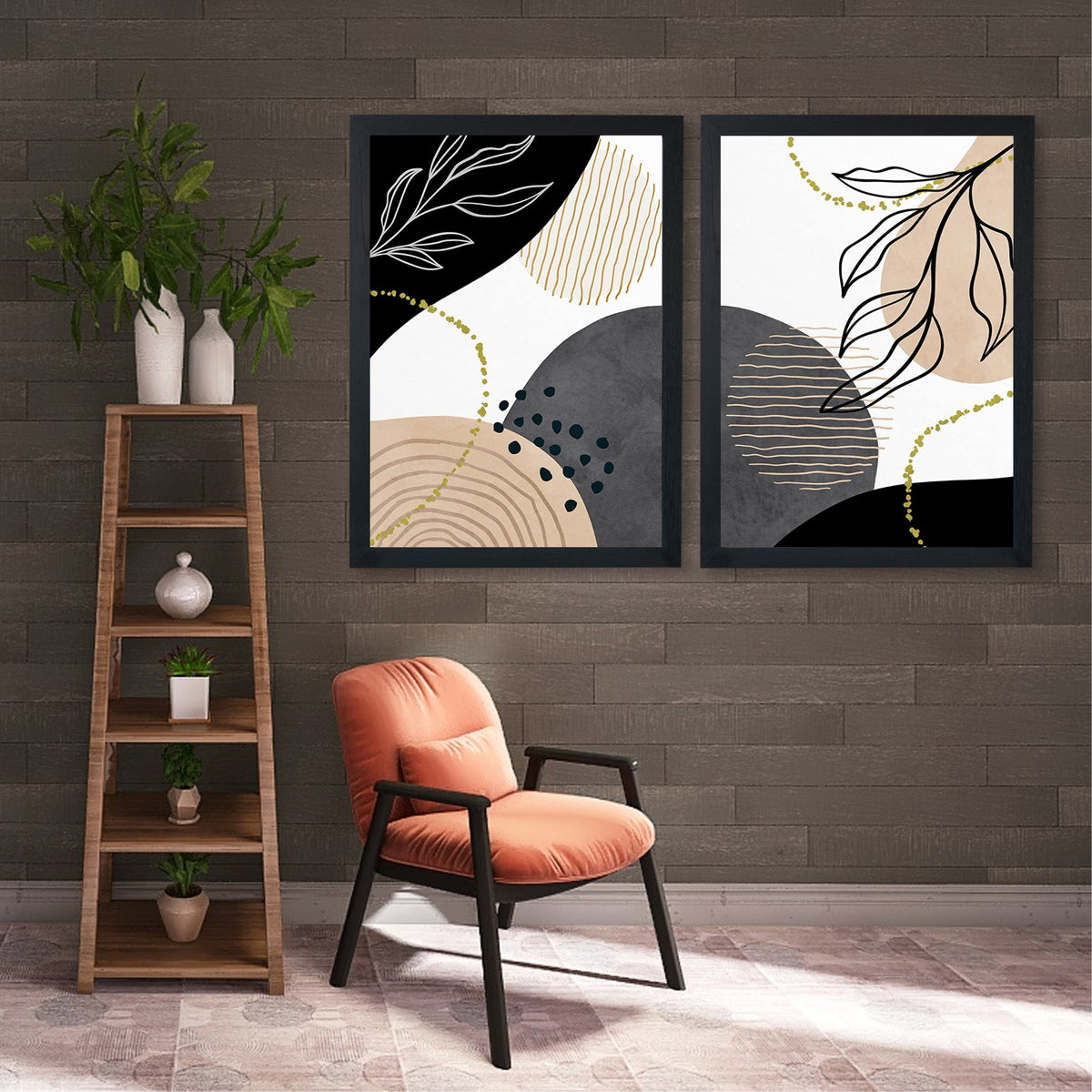 Abstract Botanical Wall Art Set of 2 | Modern Black & Beige Leaf Line Art Prints | Geometric Neutral Boho Home Decor