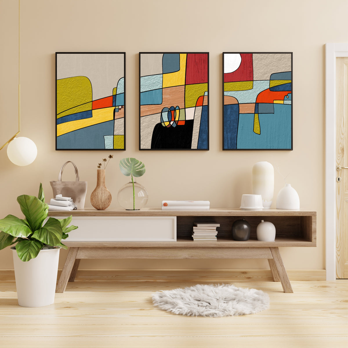 Modern Colorful Abstract Wall Art Set of 3 | Mid-Century Geometric Prints | Contemporary Home Decor