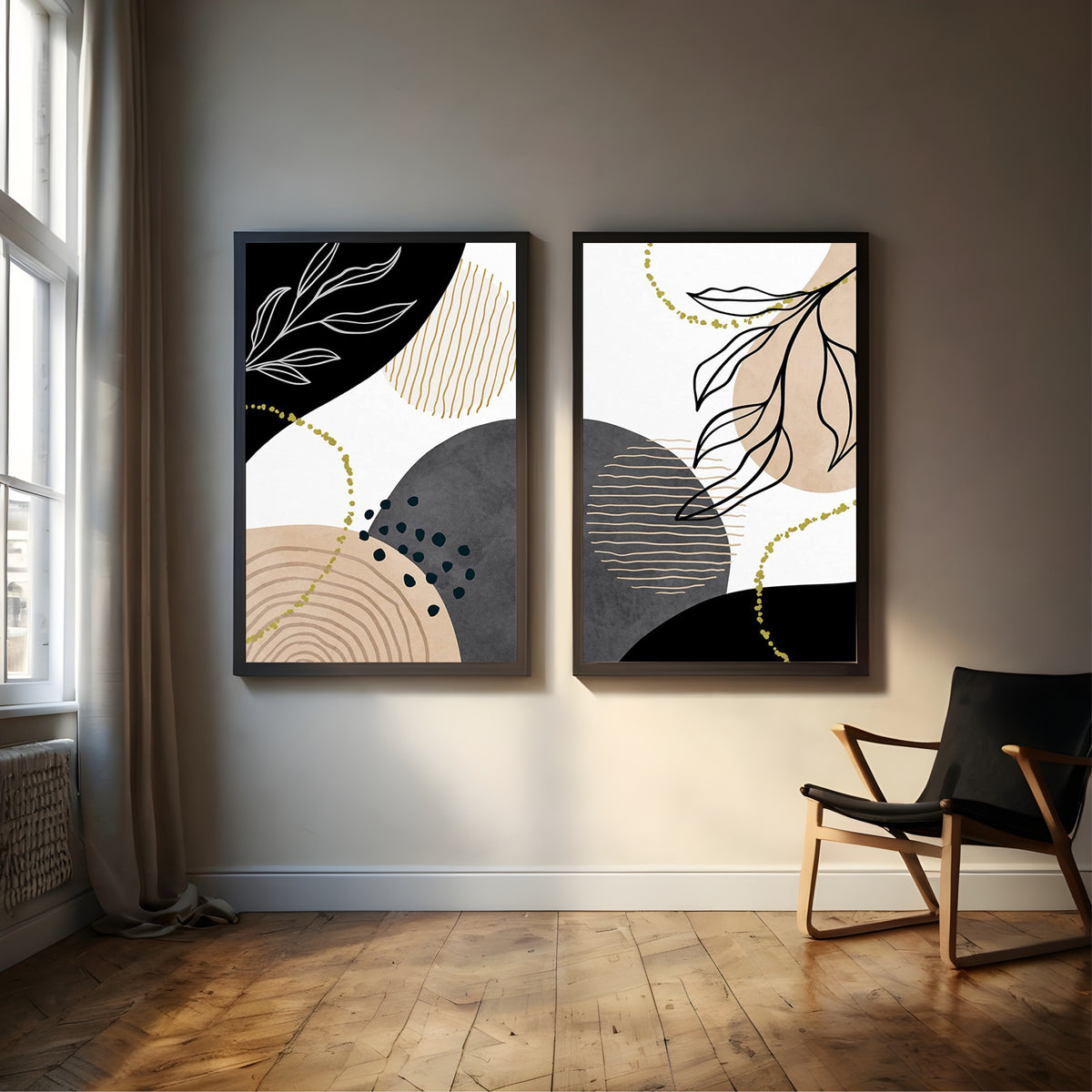 Abstract Botanical Wall Art Set of 2 | Modern Black & Beige Leaf Line Art Prints | Geometric Neutral Boho Home Decor