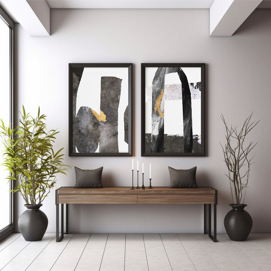 Abstract Black & Gold Wall Art Set of 2 | Textured Geometric Arch Prints | Modern Minimalist Contemporary Home Decor