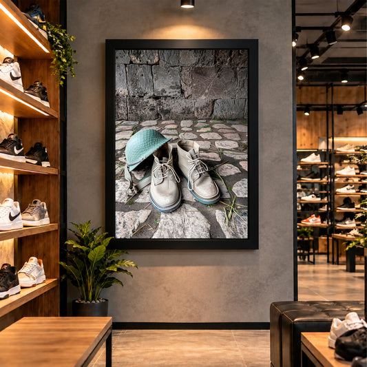 Boots & Hat Wall Art | Rustic Hiking Boots and Outdoor Hat Artwork | Adventure Photography | Vintage Travel Wall Decor