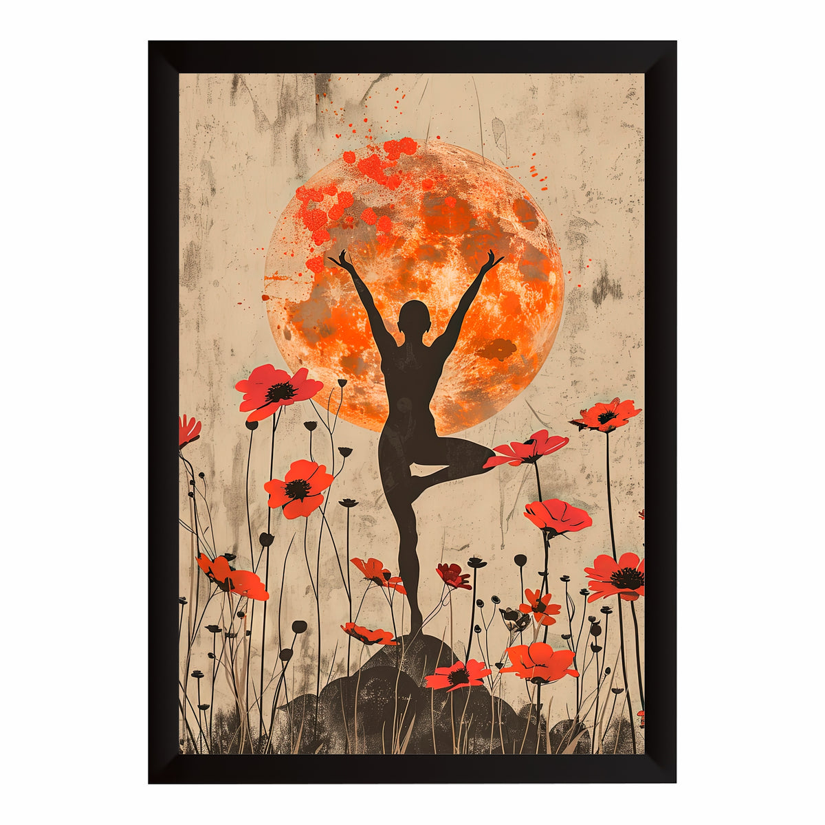 Yoga Silhouette Wall Art | Orange Moon & Red Floral Artwork