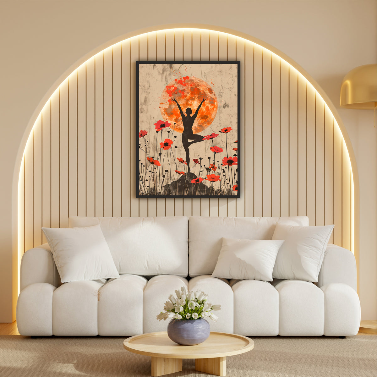 Yoga Silhouette Wall Art | Orange Moon & Red Floral Artwork