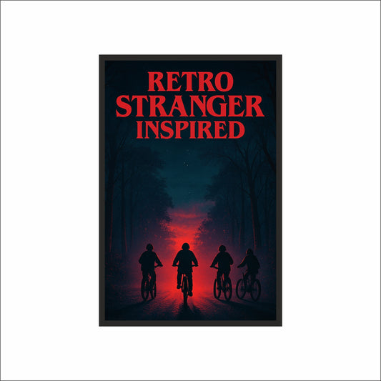 “RETRO STRANGER INSPIRED – Neon Mystery Adventure Poster Frame” 🚲🔴🌌