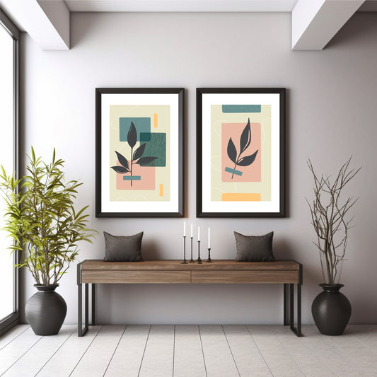 Abstract Botanical Wall Art Set of 2 | Modern Leaf & Geometric Prints | Sage Green & Blush Boho Decor