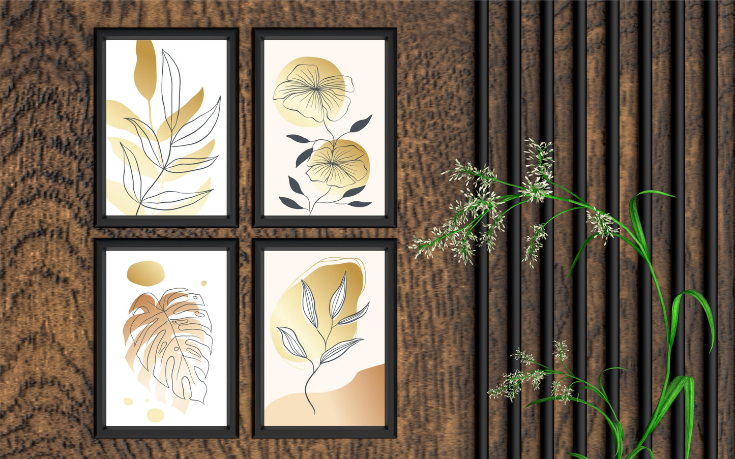 Golden Botanical Elegance – Set of 4 Wall Frames 🌿✨