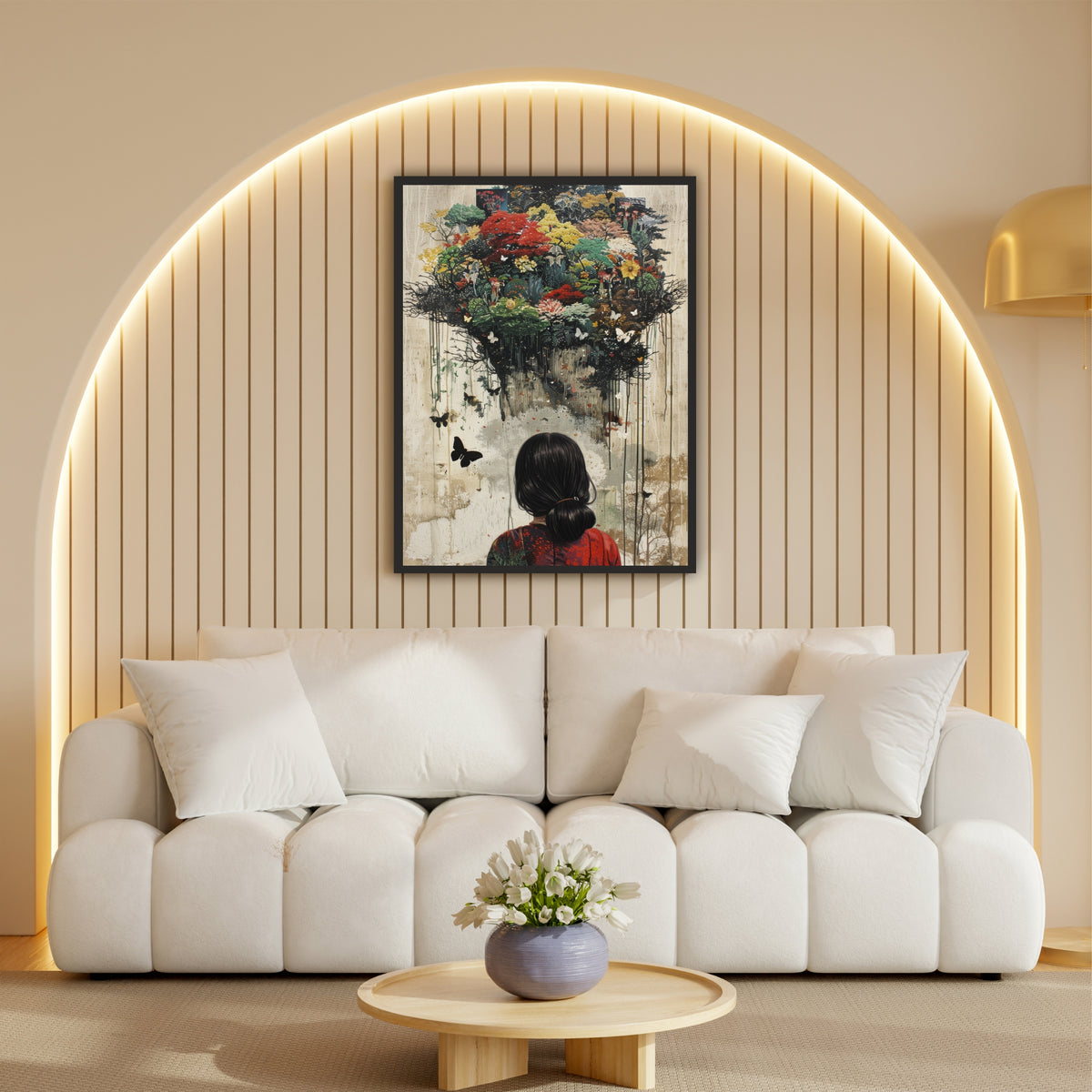 Blooming Forest Wall Art | Woman Looking at Magical Garden Artwork