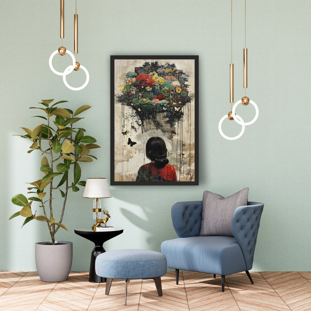 Blooming Forest Wall Art | Woman Looking at Magical Garden Artwork