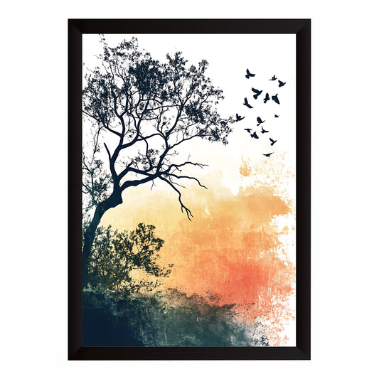 Tree & Flying Birds Wall Art | Watercolor Nature Silhouette Artwork