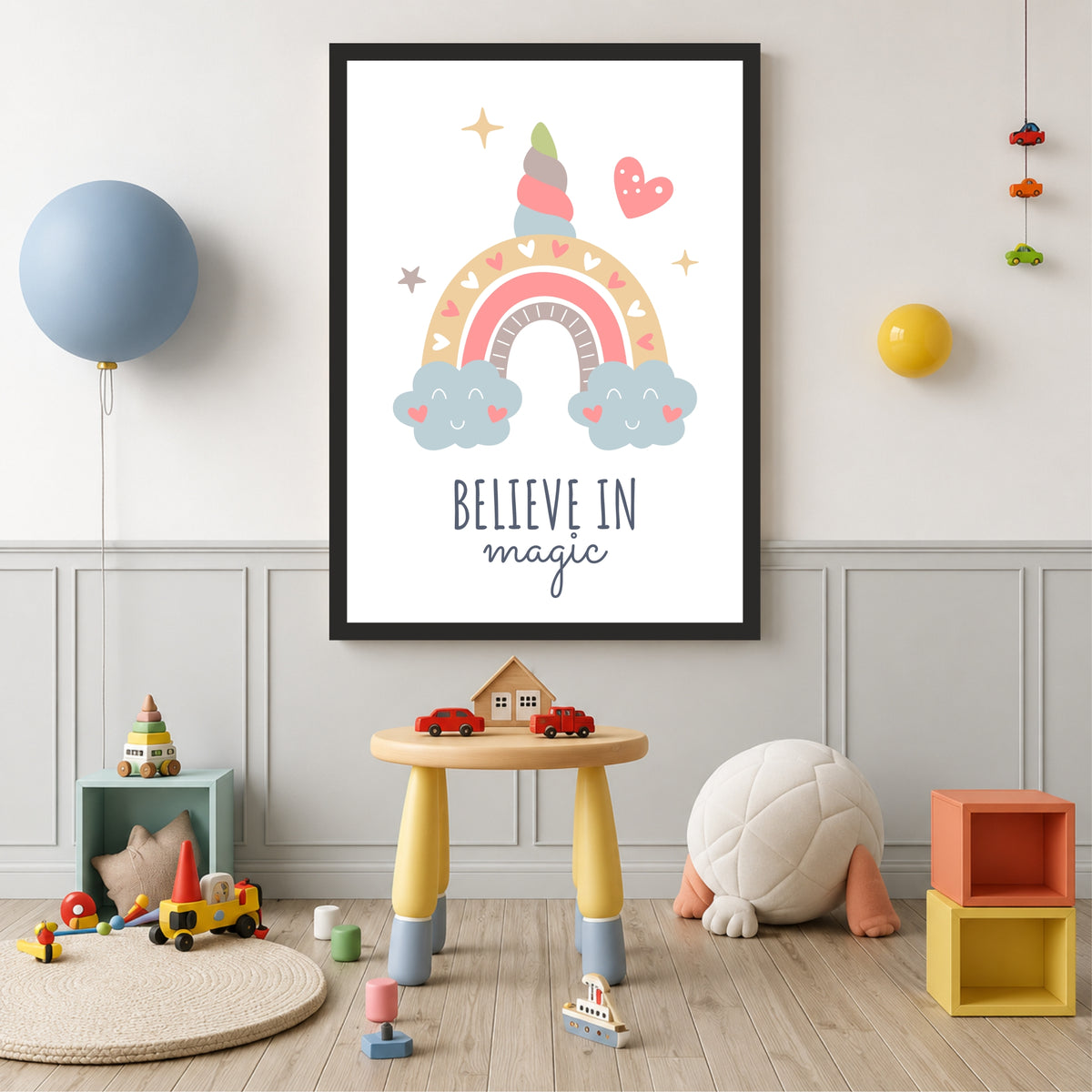 Believe in Magic Rainbow Wall Art | Cute Unicorn Nursery Print