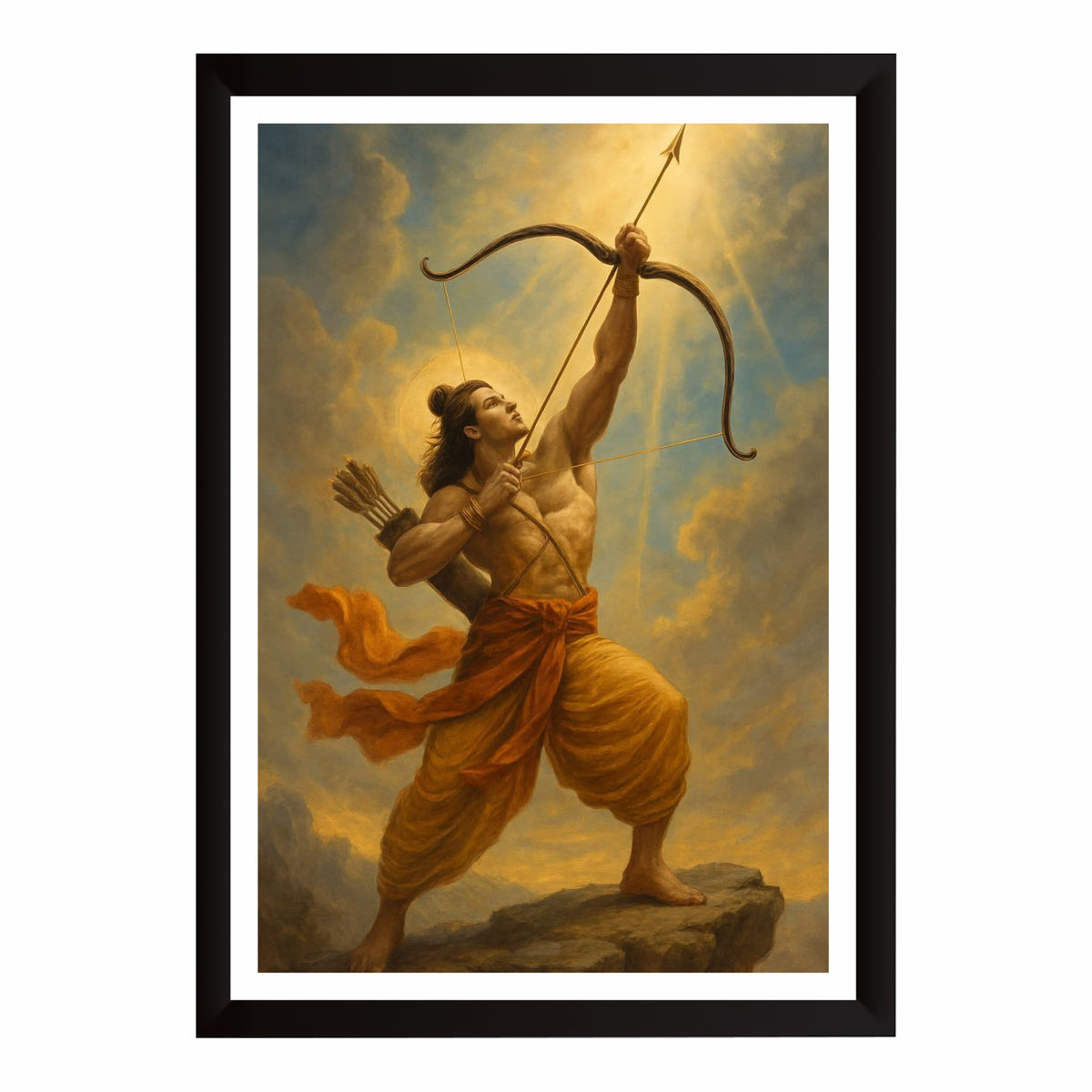 Lord Rama Wall Art | Shri Ram with Bow & Arrow Painting | Hindu Religious Wall Decor | Premium HD Framed Artwork