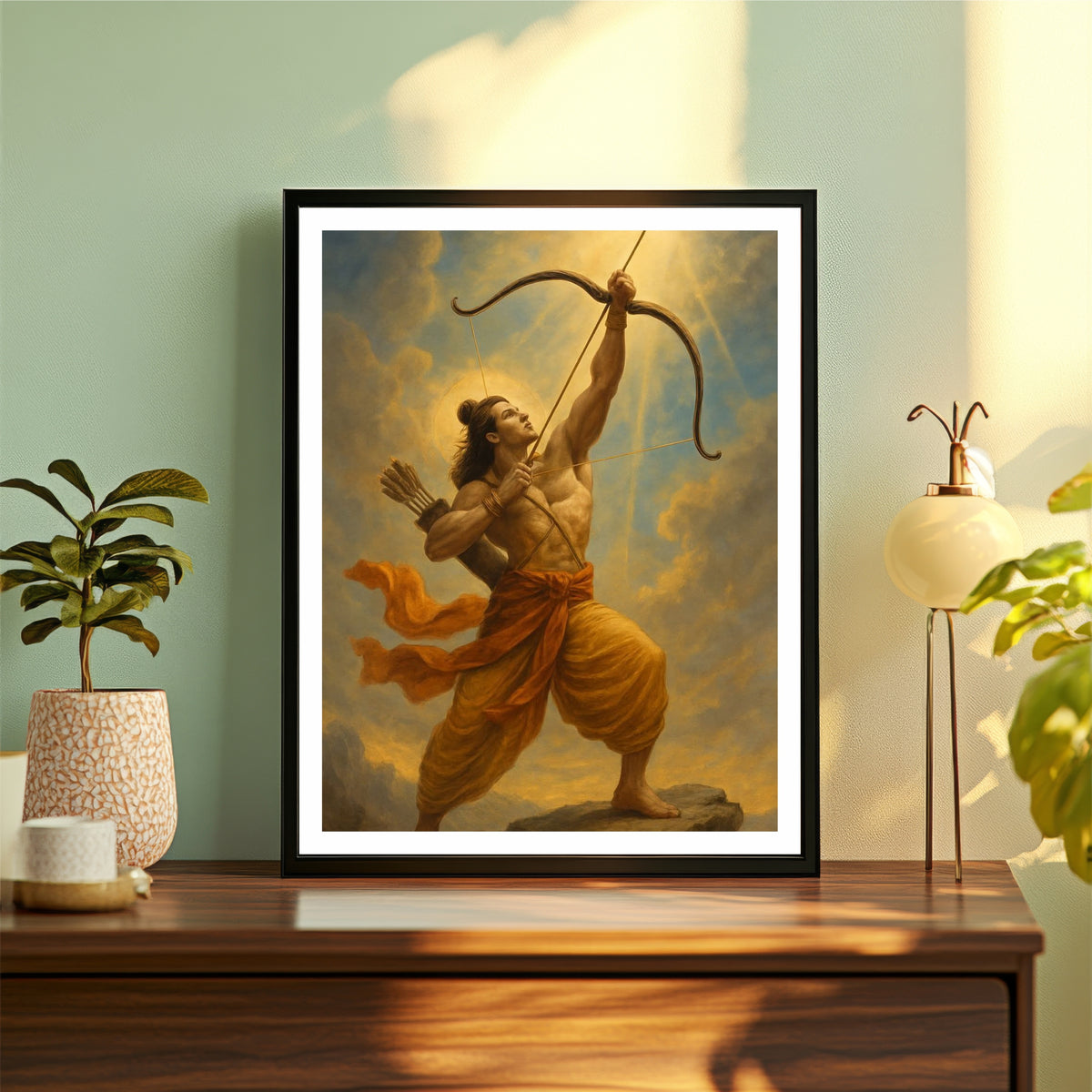 Lord Rama Wall Art | Shri Ram with Bow & Arrow Painting | Hindu Religious Wall Decor | Premium HD Framed Artwork