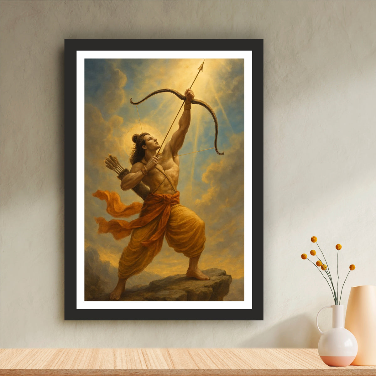 Lord Rama Wall Art | Shri Ram with Bow & Arrow Painting | Hindu Religious Wall Decor | Premium HD Framed Artwork