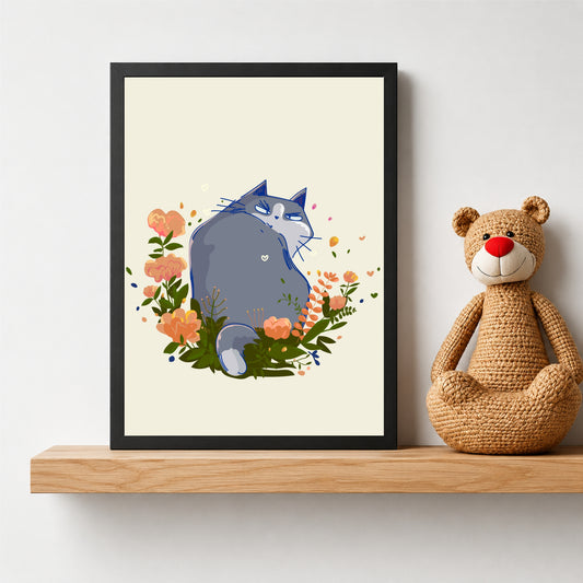 Cute Cat Wall Art | Sleeping Cat Flower Poster | Floral Cat Kids Room Decor | Cute Animal Wall Decor