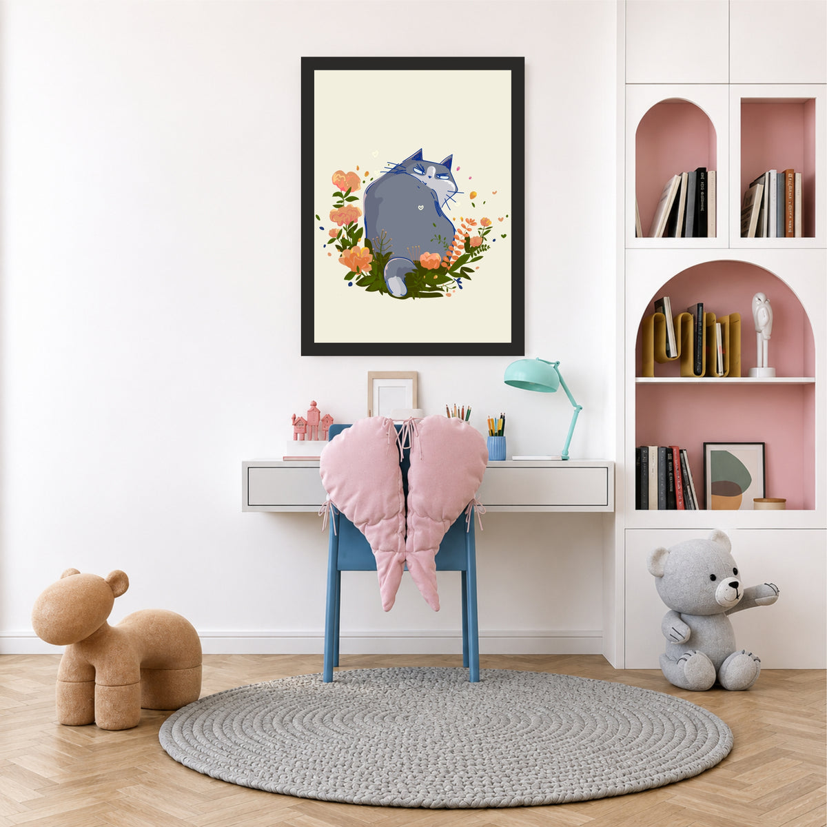 Cute Cat Wall Art | Sleeping Cat Flower Poster | Floral Cat Kids Room Decor | Cute Animal Wall Decor