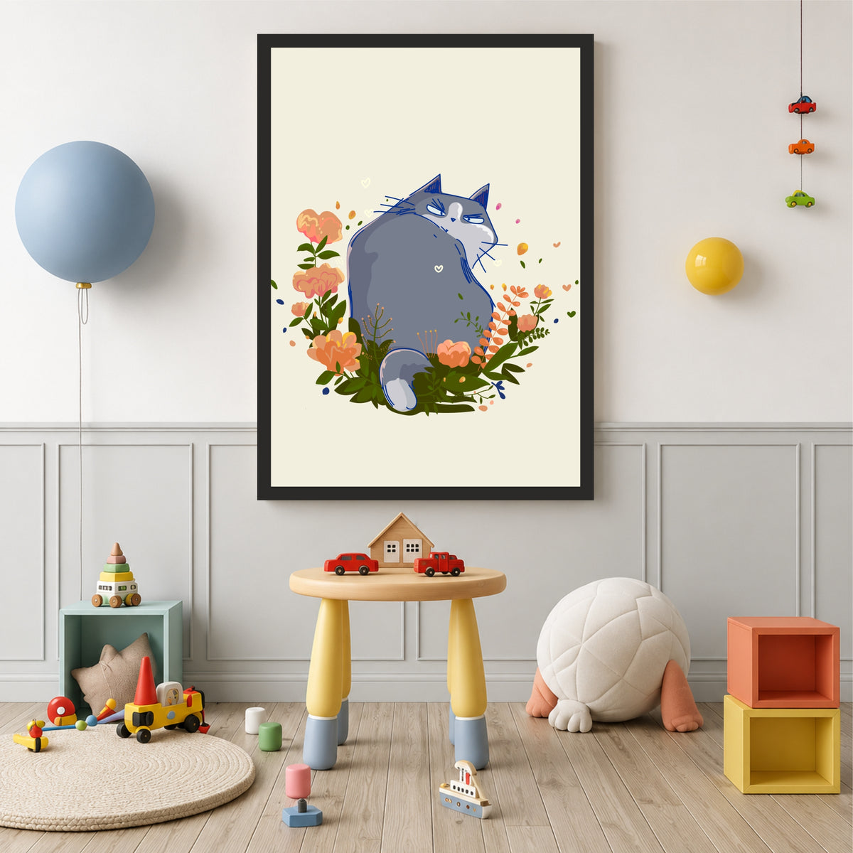Cute Cat Wall Art | Sleeping Cat Flower Poster | Floral Cat Kids Room Decor | Cute Animal Wall Decor