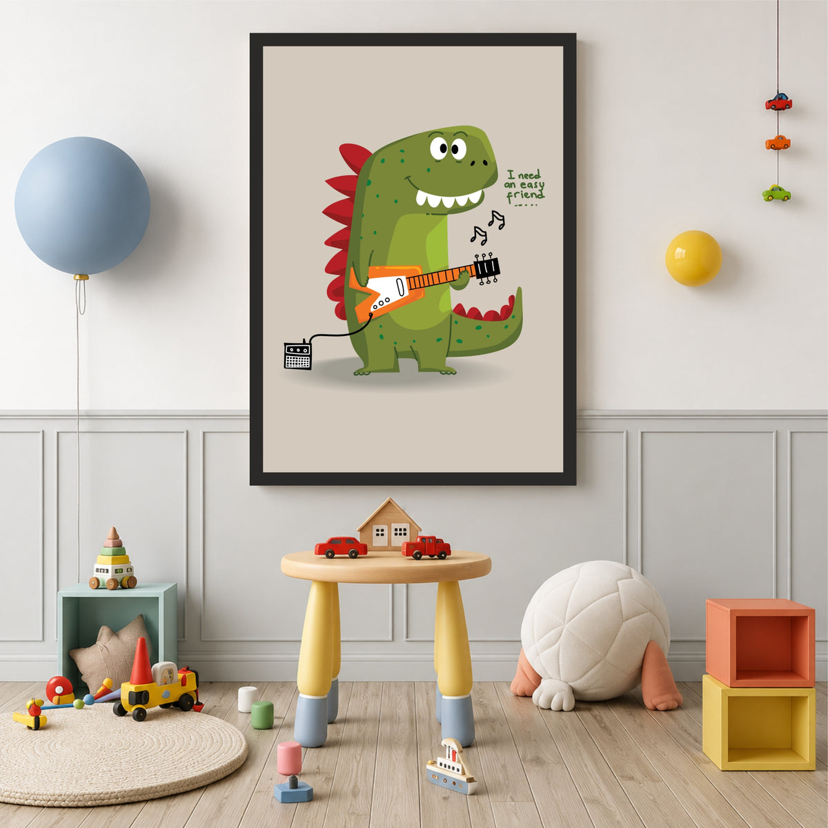 Cute Dinosaur Wall Art | Dinosaur Playing Guitar Kids Poster | Fun Dino Nursery Decor | Kids Room Wall