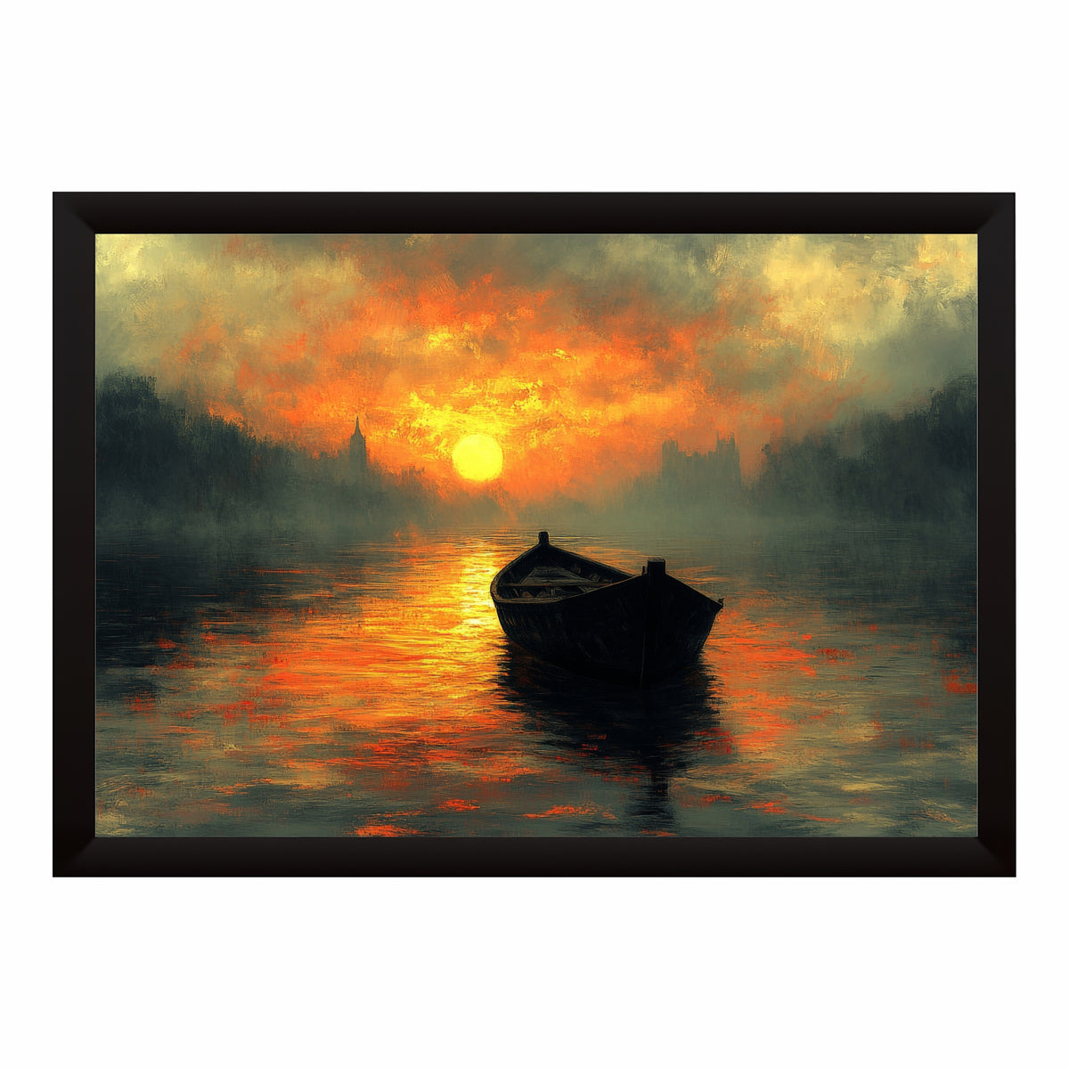 Sunset River Boat Wall Art | Serene Landscape & Golden Hour Artwork