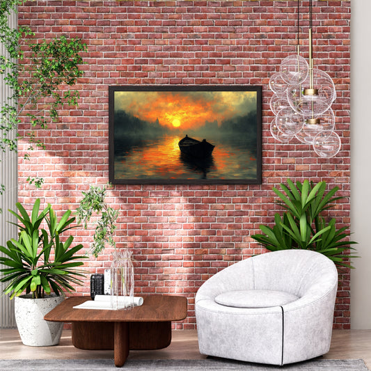 Sunset River Boat Wall Art | Serene Landscape & Golden Hour Artwork