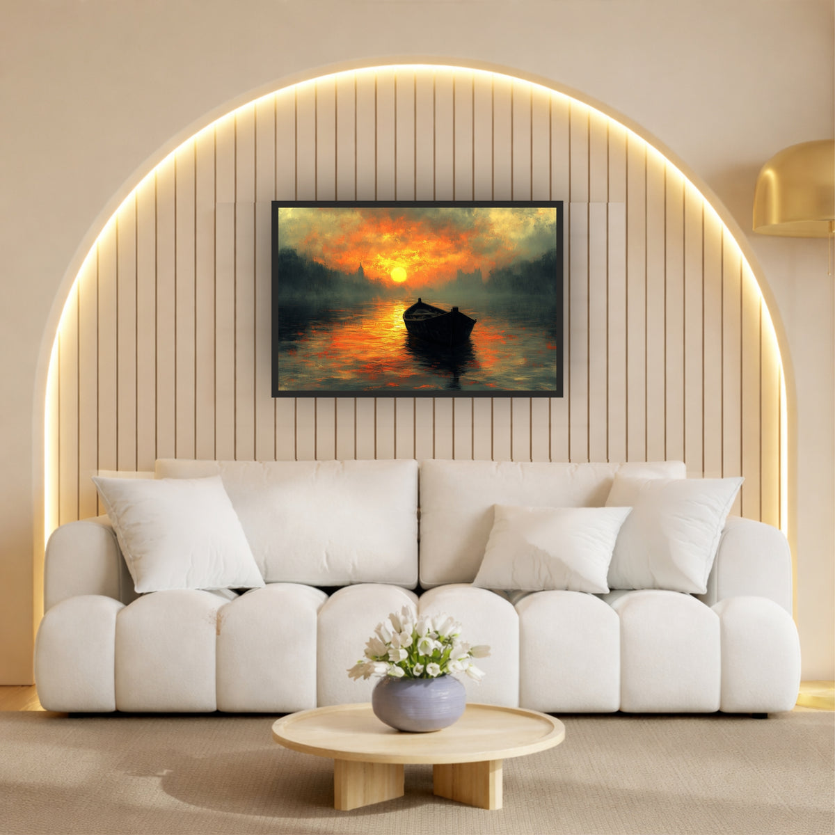 Sunset River Boat Wall Art | Serene Landscape & Golden Hour Artwork