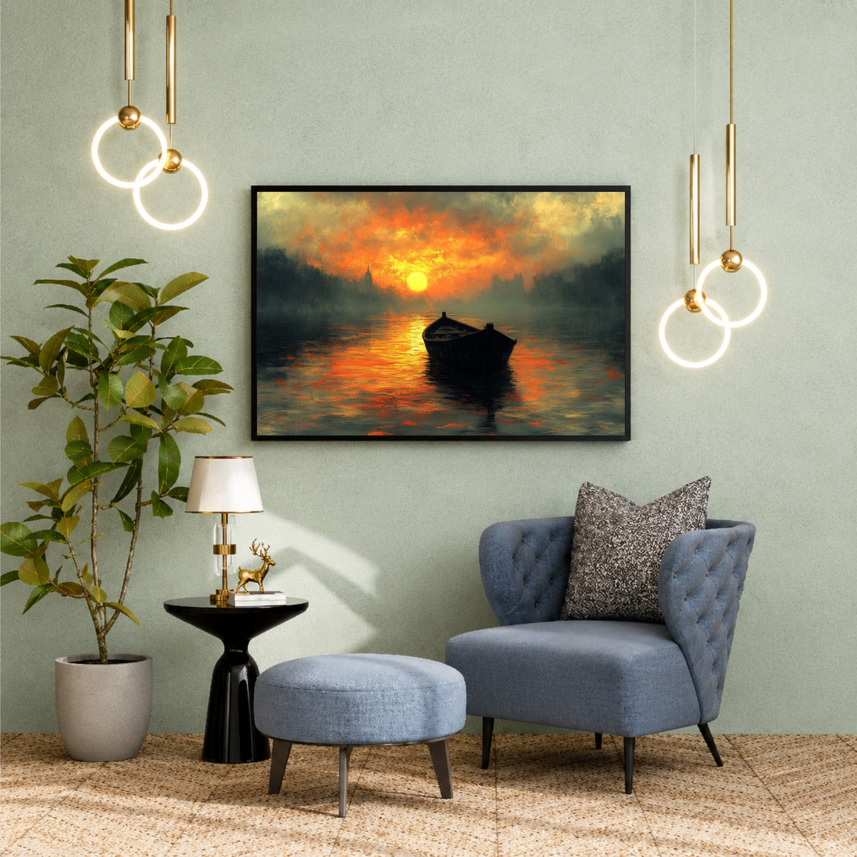 Sunset River Boat Wall Art | Serene Landscape & Golden Hour Artwork
