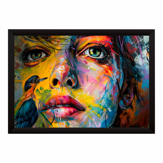 Colorful Woman & Bird Wall Art | Vibrant Abstract Portrait Artwork