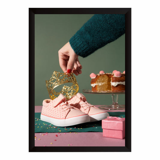 Kids Shoes Wall Art | Pink Sneakers with Crown & Birthday Cake Artwork | Cute Footwear Photography | Kids Room Wall Decor