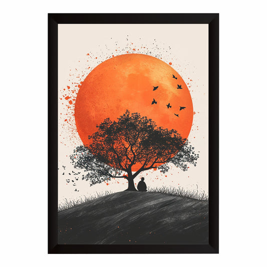 Tree Meditation Wall Art | Orange Sunset & Birds Silhouette Artwork