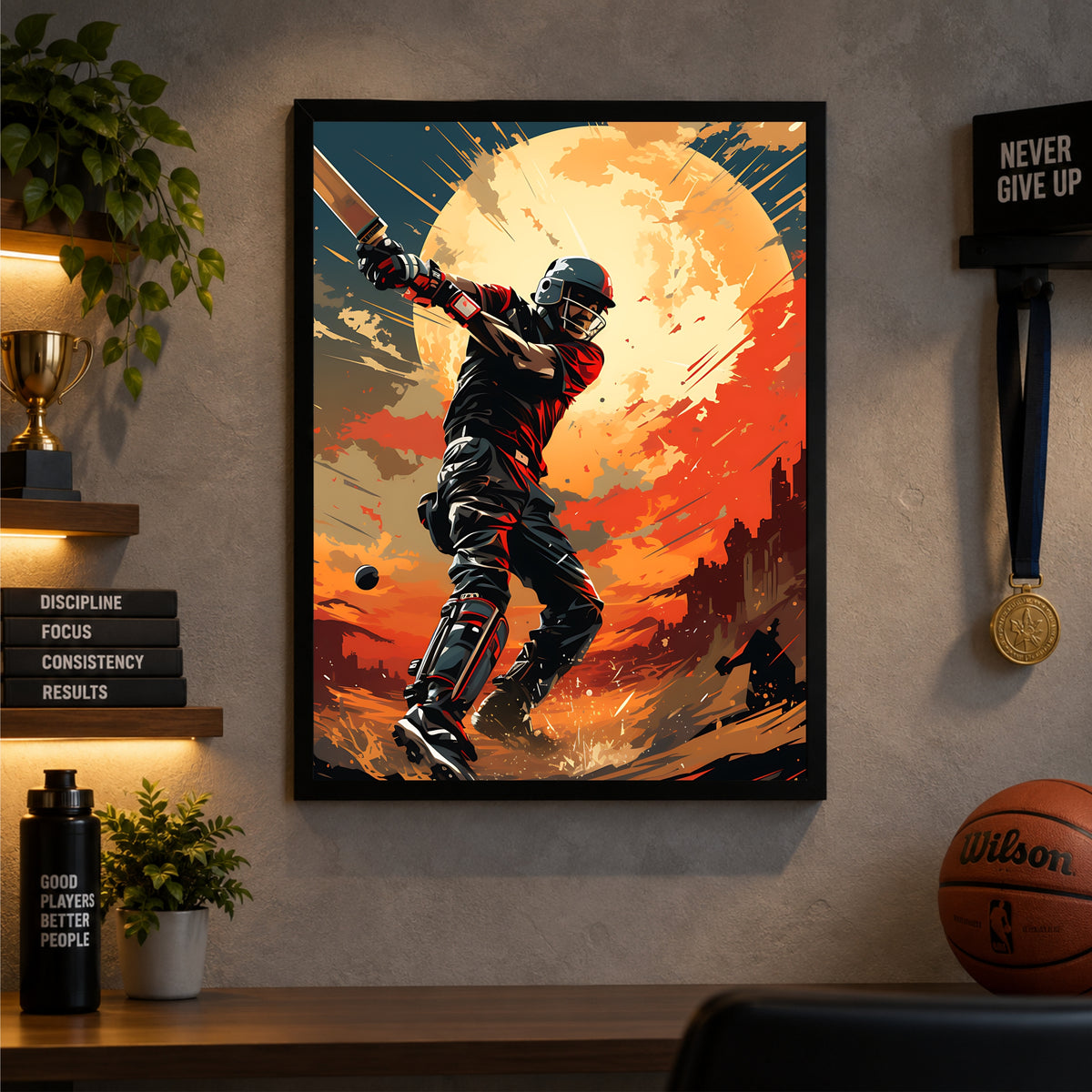 Cricket Wall Art – Dynamic Batsman Poster, Modern Sports Artwork, Inspirational Framed Wall Décor for Gym, Bedroom, Sports Room & Cricket Lovers