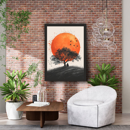 Tree Meditation Wall Art | Orange Sunset & Birds Silhouette Artwork