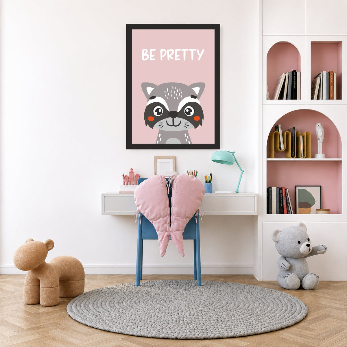 Be Pretty Raccoon Nursery Wall Art | Cute Animal Kids Room Poster