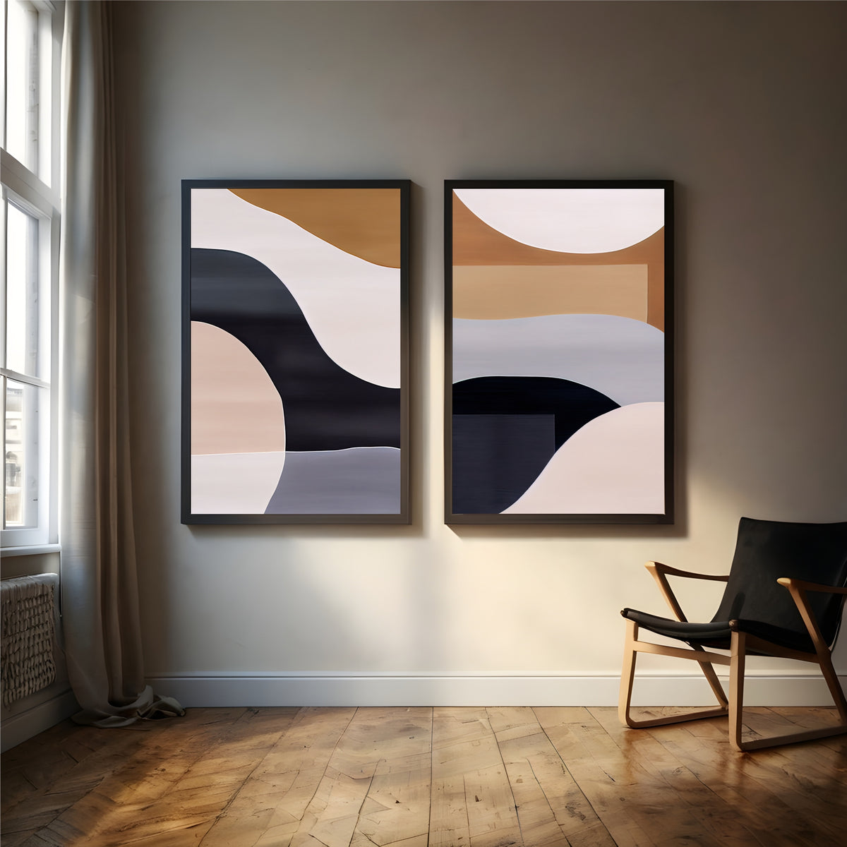Modern Abstract Neutral Wall Art Set | Black Beige & Gray Decor
