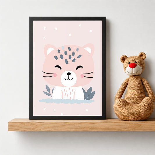 Cute Pink Cat Wall Art | Adorable Smiling Kitty Poster | Kids Nursery Wall Decor | Cute Animal Artwork