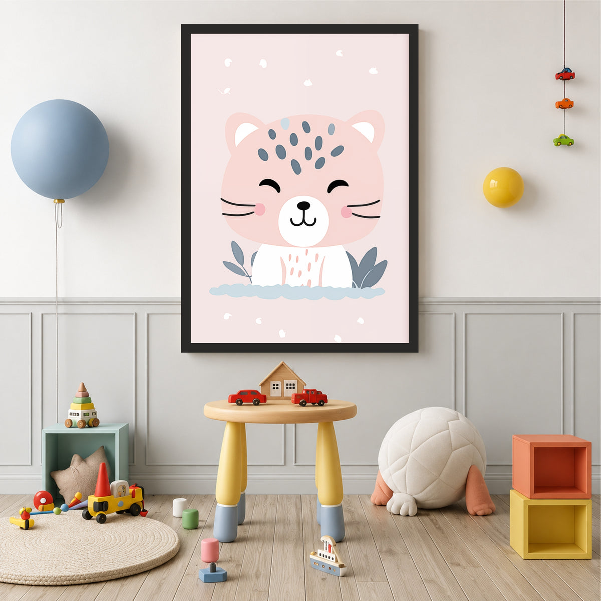Cute Pink Cat Wall Art | Adorable Smiling Kitty Poster | Kids Nursery Wall Decor | Cute Animal Artwork