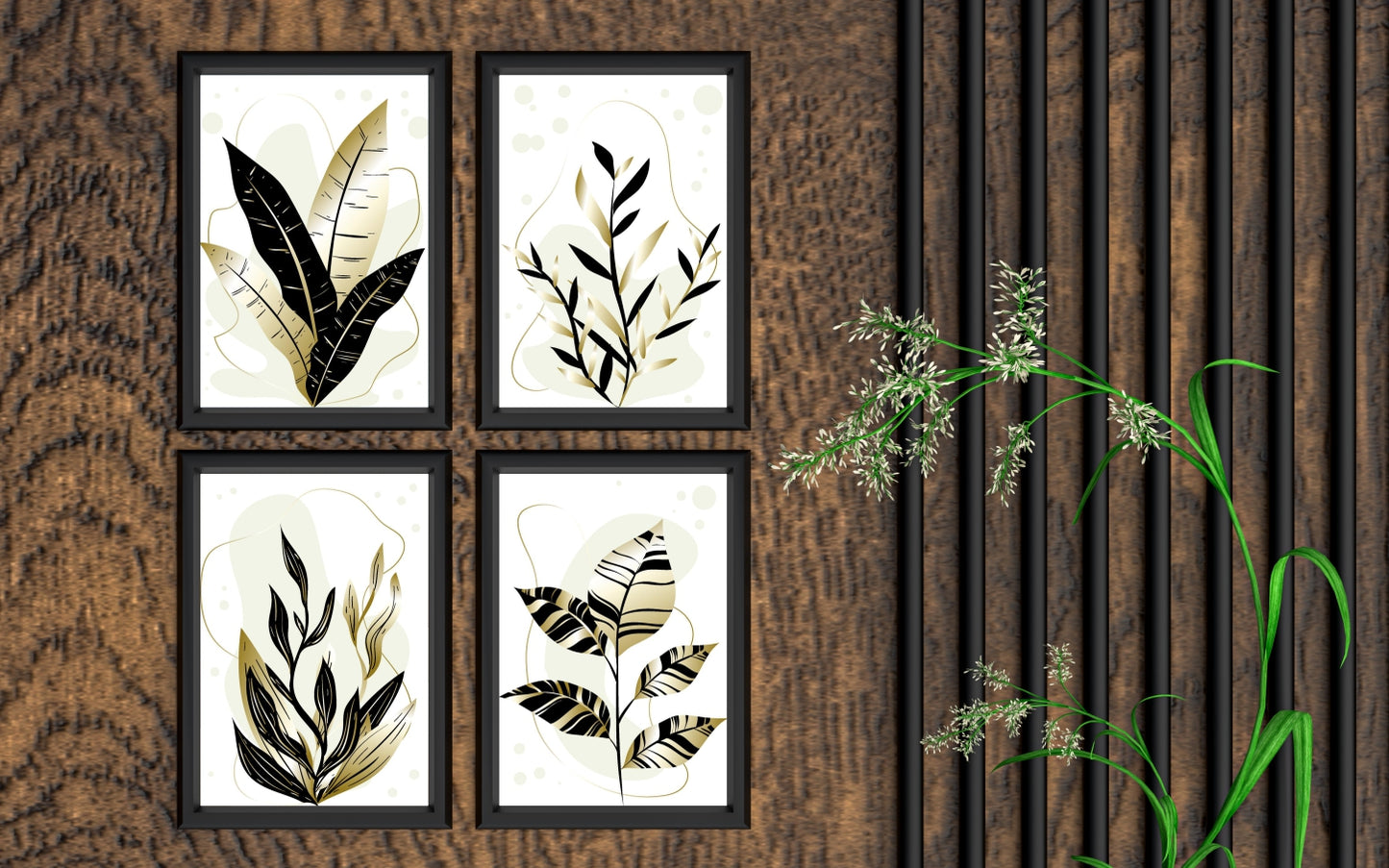 Golden Botanical Harmony Wall Frame Set – Luxe Nature Elegance 🌿✨