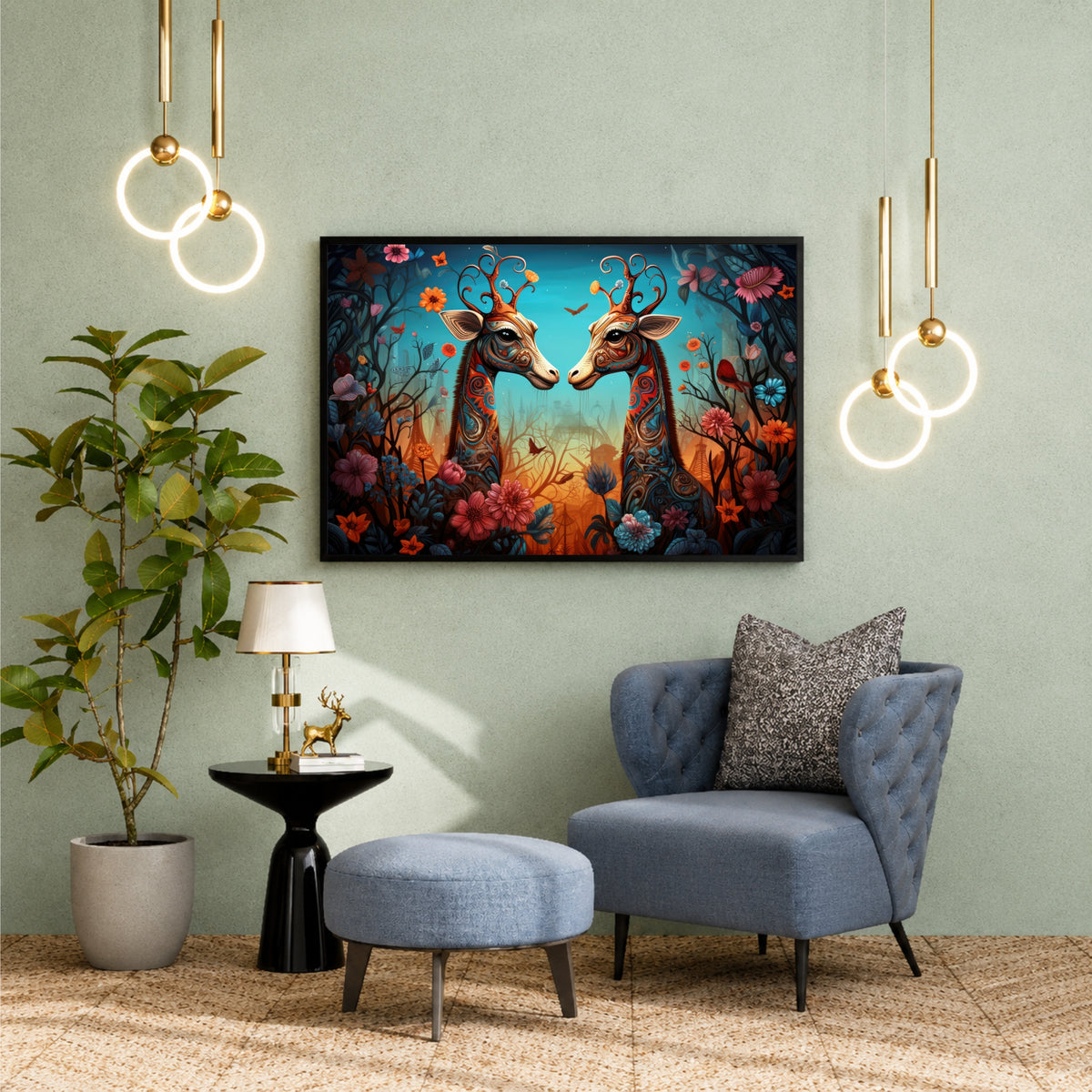 Fantasy Deer Couple Wall Art | Floral Whimsical Animal Artwork